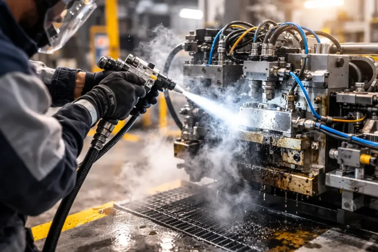 Technicien appliquant un nettoyage industriel de précision avec projection contrôlée sur une machine complexe