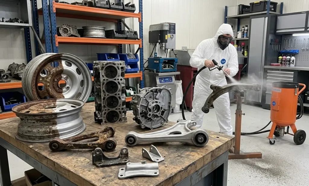 Atelier d'aérogommage professionnel montrant des pièces auto avant et après décapage : jantes rouillées, culasse et bras de suspension.