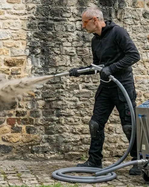 Homme en train d'effectuer un aérogommage sur un mur en pierre naturelle de pays, enlevant des taches sombres.