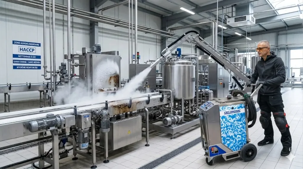 Un technicien utilise une machine de nettoyage cryogénique Cryonomic et un bras robotisé pour nettoyer une chaîne de production en acier inoxydable dans une usine agroalimentaire certifiée HACCP.