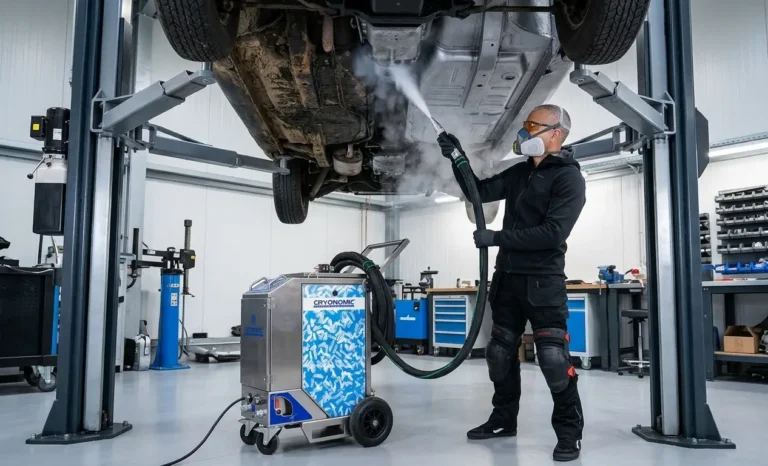 Un technicien qualifié en Belgique effectue un nettoyage cryogénique (glace sèche) de la transmission d'une voiture sur un pont élévateur dans un atelier professionnel.