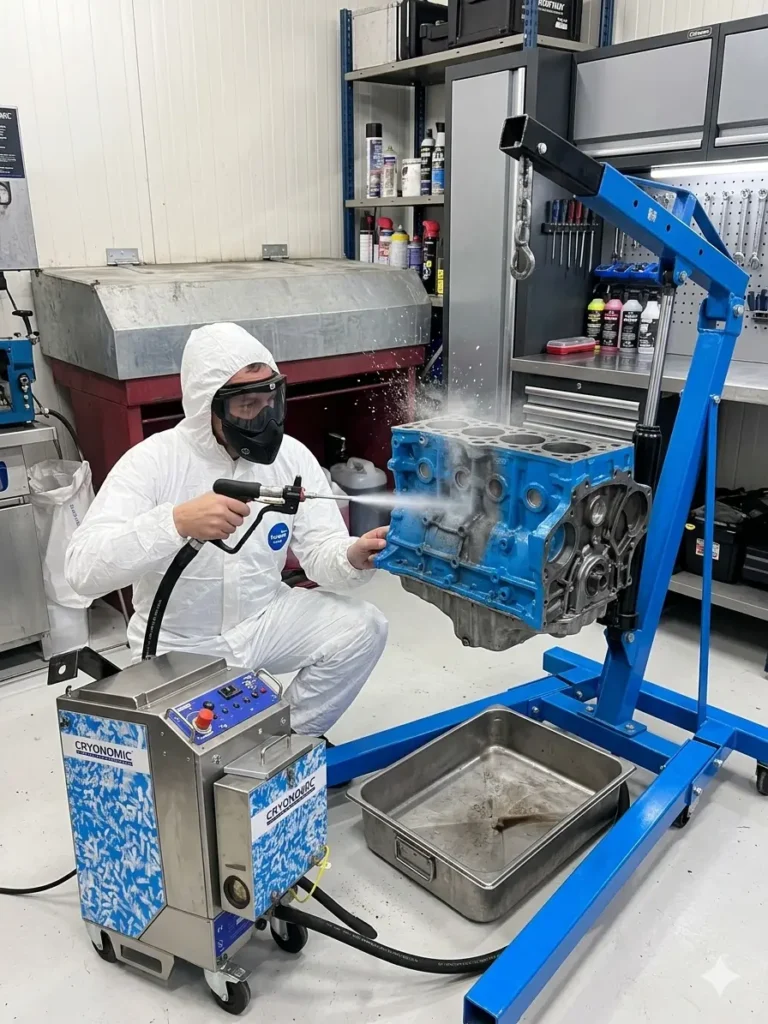 Professionnel en combinaison de protection réalisant un nettoyage cryogénique sur un bloc moteur suspendu à une chèvre d'atelier.