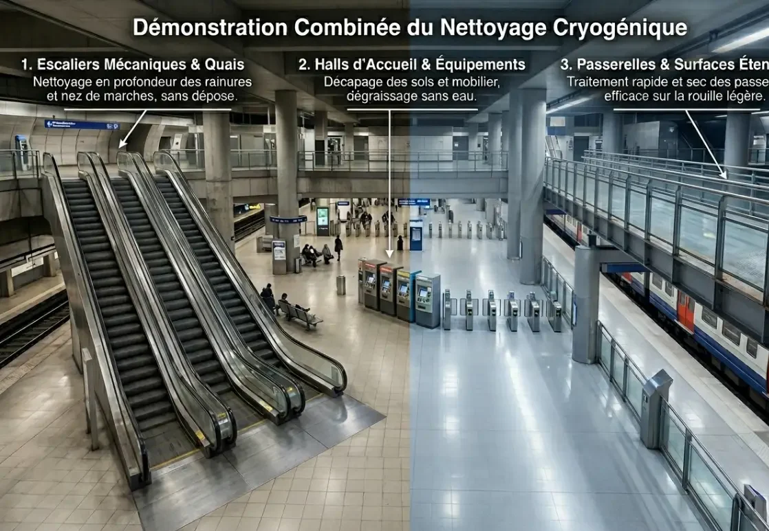Infographie montrant les avantages du nettoyage cryogénique dans une station de transport : escalators, sols, passerelles et rames de train sont nettoyés en profondeur sans eau.