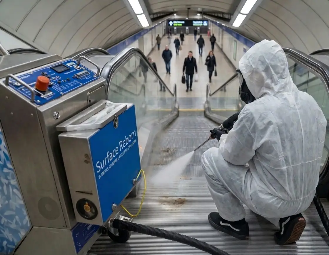 Un technicien en combinaison de protection et masque intégral accroupi sur un escalator de métro, utilisant une machine de nettoyage à jet de glace carbonique de la marque Surface Reborn.