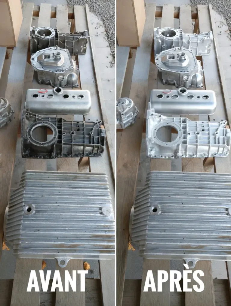 Comparaison avant et après nettoyage par cryogénie ou aérogommage de pièces de moteur en aluminium pour voiture ancienne.