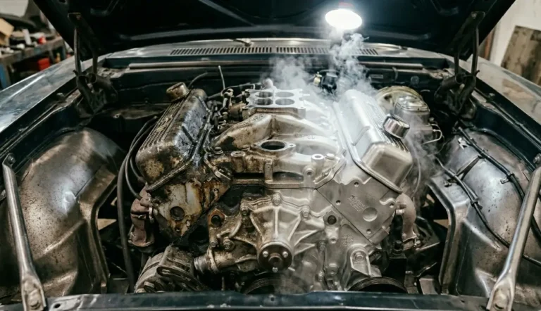 Vue de face d'un moteur V8 de voiture ancienne en cours de nettoyage cryogénique, montrant le contraste entre le côté sale et le côté propre.
