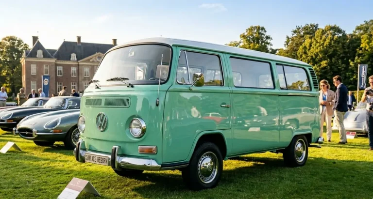 Vue de face d'un Volkswagen Combi T2 vert menthe et blanc, entièrement restauré et brillant, exposé sur la pelouse d'un château lors d'un concours d'élégance, avec la plaque "SURFACE REBORN"